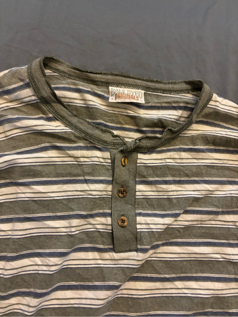 Bale dyed originals vintage Olive, White & Navy Striped long Sleeve Henley